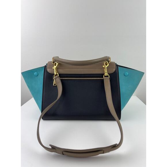 CELINE Trapeze Black Turquoise Teal Taupe Tricolor Leather 2 Handle Strap ITALY - Picture 7 of 16
